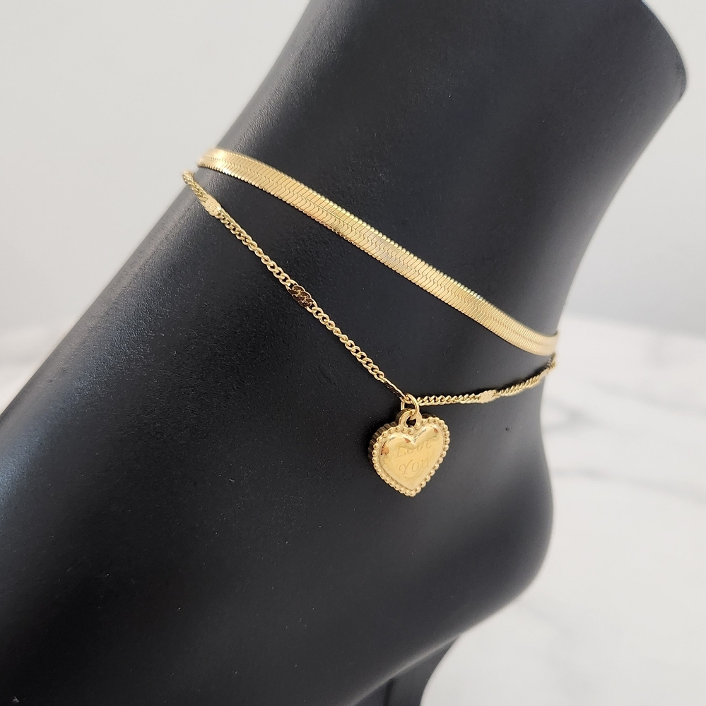 Gold Layered Anklet Herringbone Chain Heart Charm 18K Plated Adjustable - Picture 4 of 13